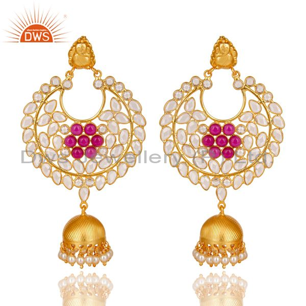 18K Gold Plated 925 Sterling Silver Pearl, Red Glass & CZ Jhumka Earrings