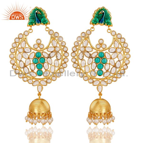 14K Gold Plated 925 Sterling Silver Pearl, CZ & Green Glass Jhumka Earrings