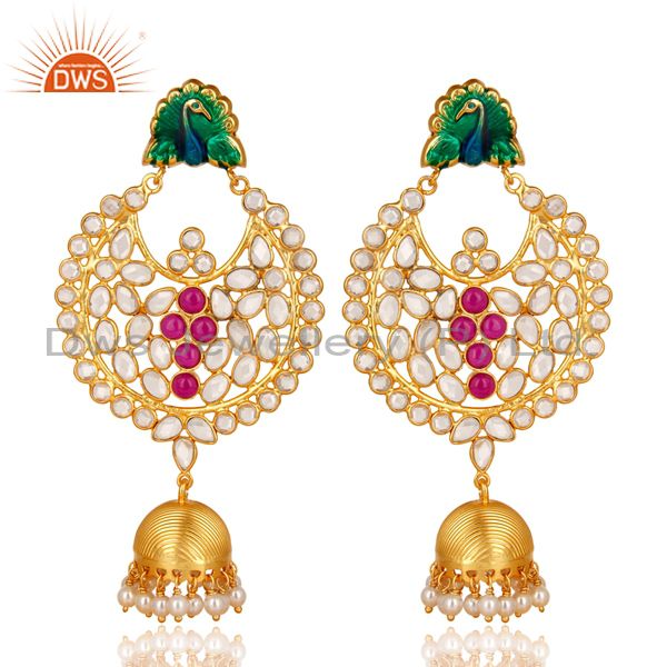 18K Gold Plated Sterling Silver Pearl Beads, Red Glass & CZ Jhumka Earrings