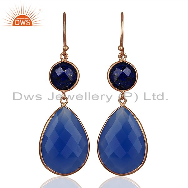Rose Gold Plated 925 Silver Blue Gemstone Dangle Earrings Manufacturer