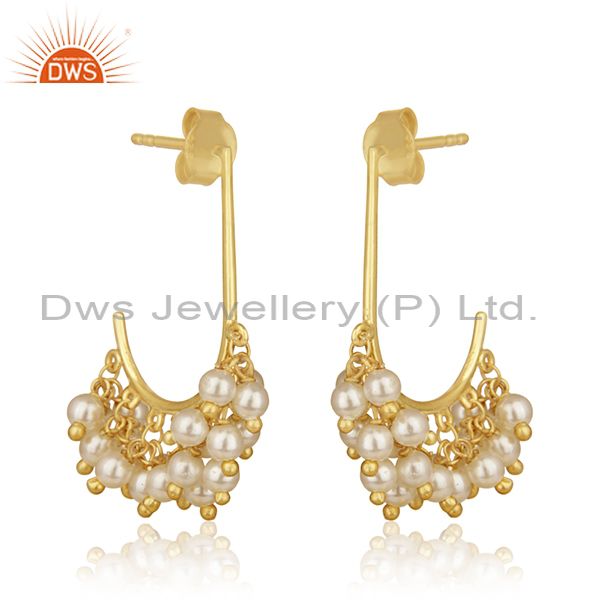 Round Pearl Beads Set 18K Gold On 925 Silver Ethnic Earrings