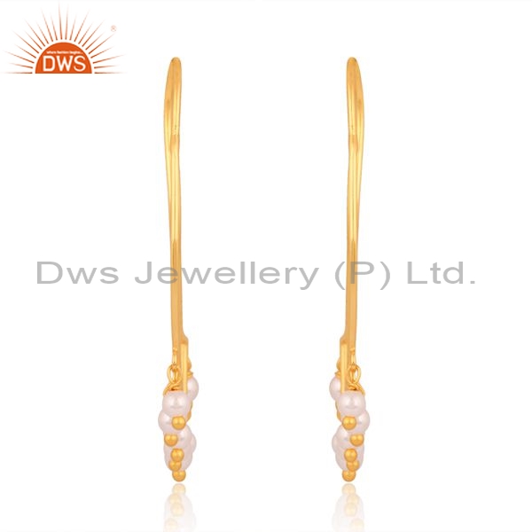 Brass Gold 18K Earrings With Pearl Beads Round Cut