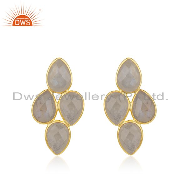 Rainbow Moonstone Gold Plated Sterling Silver Stud Earring Manufacturer Jaipur