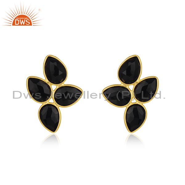 Natural Black Onyx Gold Plated Silver Gemstone Earrings Jewelry