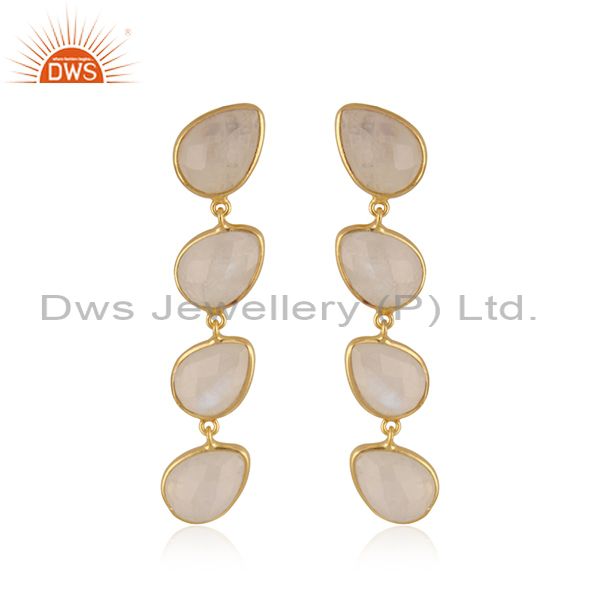 Natural Rainbow Moonstone Gold Plated 92.5 Silver Dangle Earrings Supplier INdia