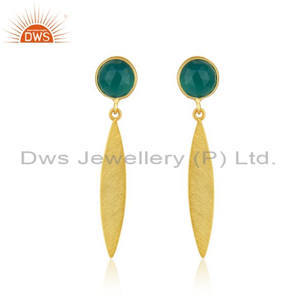 Yellow Gold Plated Silver Green Onyx Gemstone Earrings Jewelry