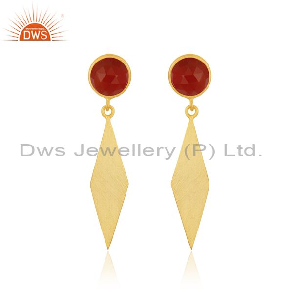 Yellow Gold Plated Sterling Silver Red Onyx Gemstone Earrings Manufacturer India