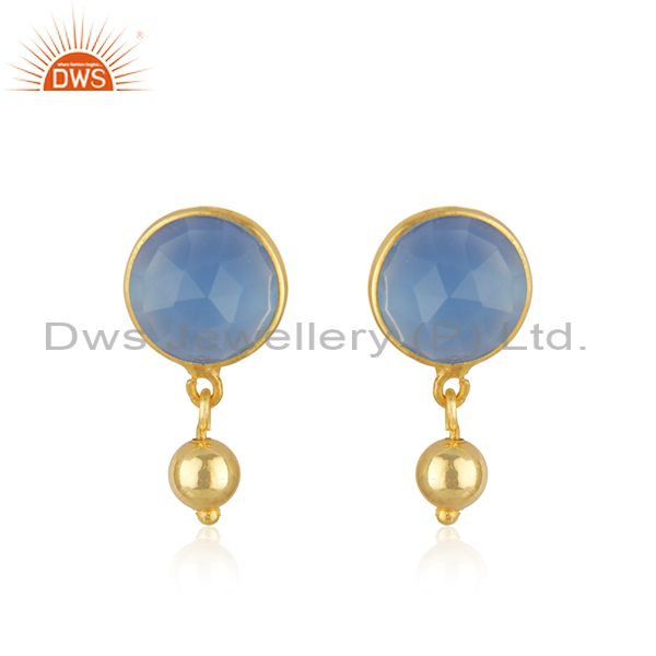 18k Gold Plated Silver Designer Blue Chalcedony Gemstone Earrings Jewelry