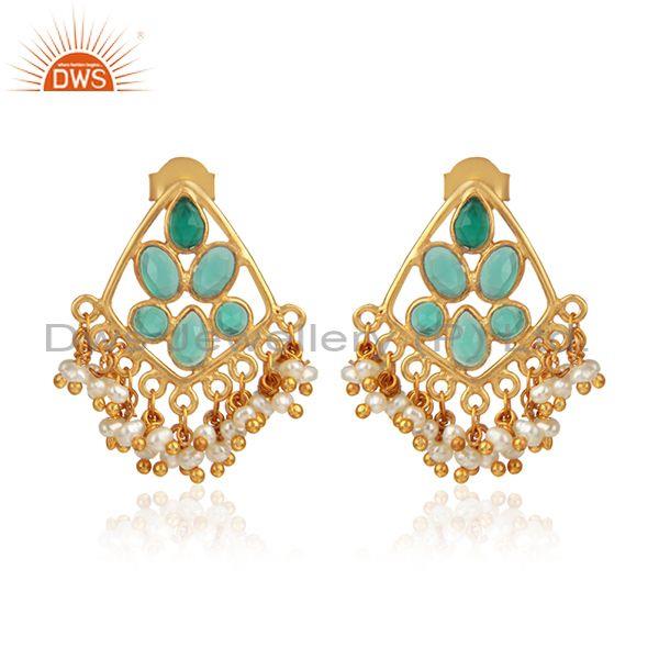 Green onyx pearl bead gemstone womens gold plated silver earrings