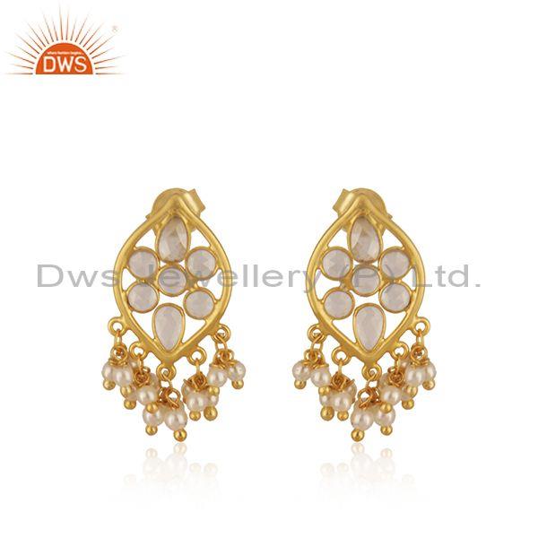 White zircon and pearl gold plated 925 silver traditional earring manufacturer