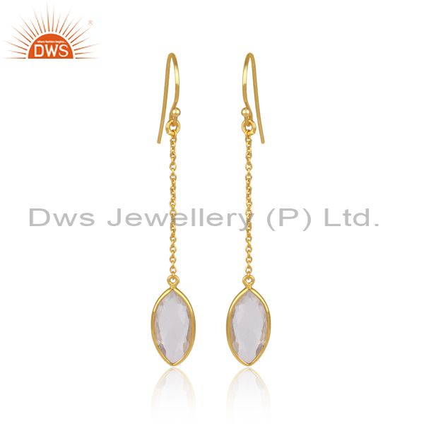 Crystal quartz gemstone designer gold plated silver chain earring