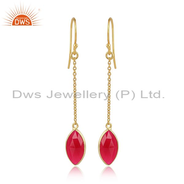 Designer gold plated 925 silver pink chalcedony chain earrings