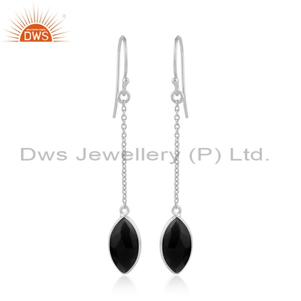 Marquise shape black onyx gemstone fine silver chain earrings