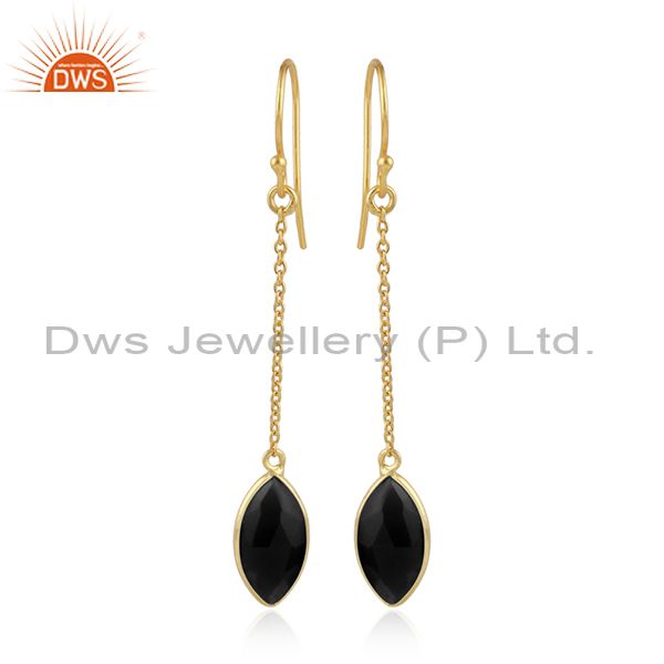 Natural black onyx gemstone handmade gold plated silver earrings
