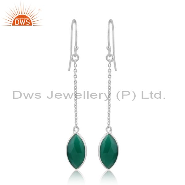 Drop design green onyx gemstone sterling silver chain earrings