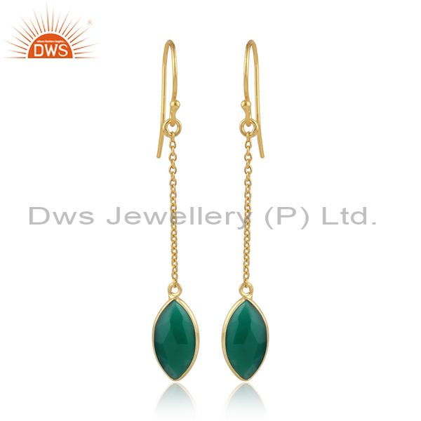 Green onyx gemstone yellow gold plated 925 silver chain earrings
