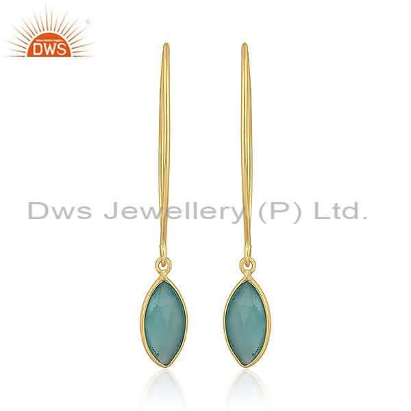 Glossy Candy Gold Plated Silver Aqua Chalcedony Gemstone Earrings