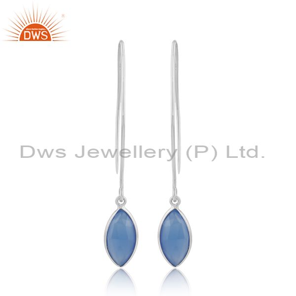Blue chalcedony gemstone designer sterling silver hook earrings