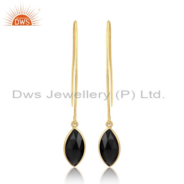 Black onyx gemstone designer gold plated silver hook earrings