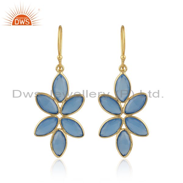 Foral designer gold plated 925 silver blue chalcedony earrings
