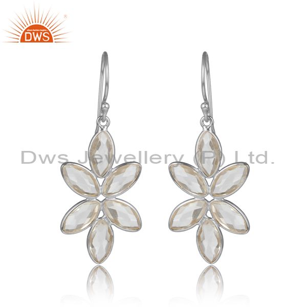 Crystal quartz gemstone sterling silver flower design earrings
