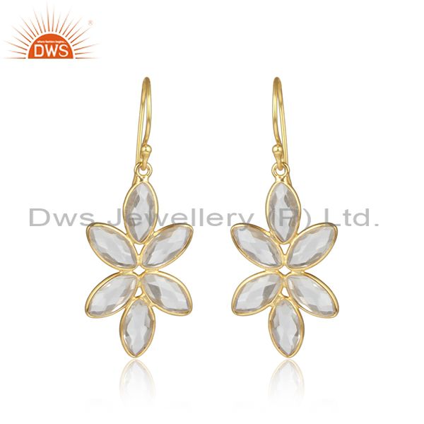 Crystal quartz gemstone designer gold plated silver earrings