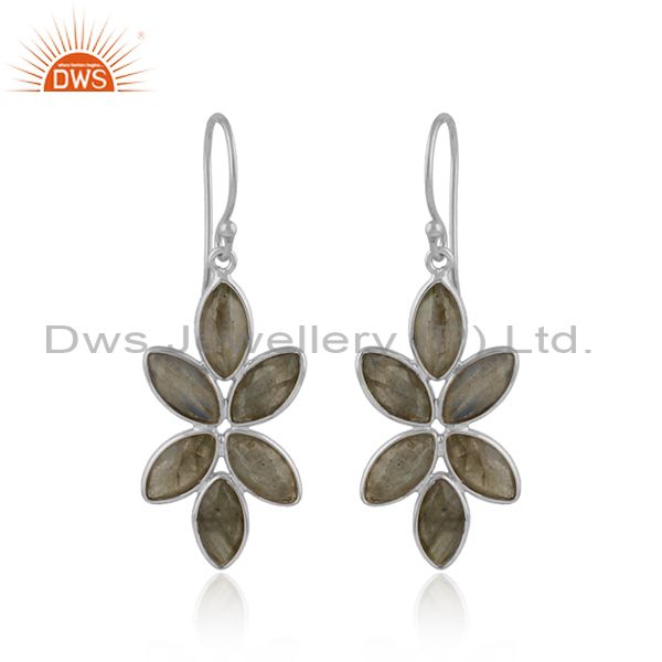 Natural labradorite gemstone floral fine sterling silver earrings