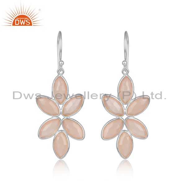 Rose chalcedony gemstone floral designer fine silver earrings