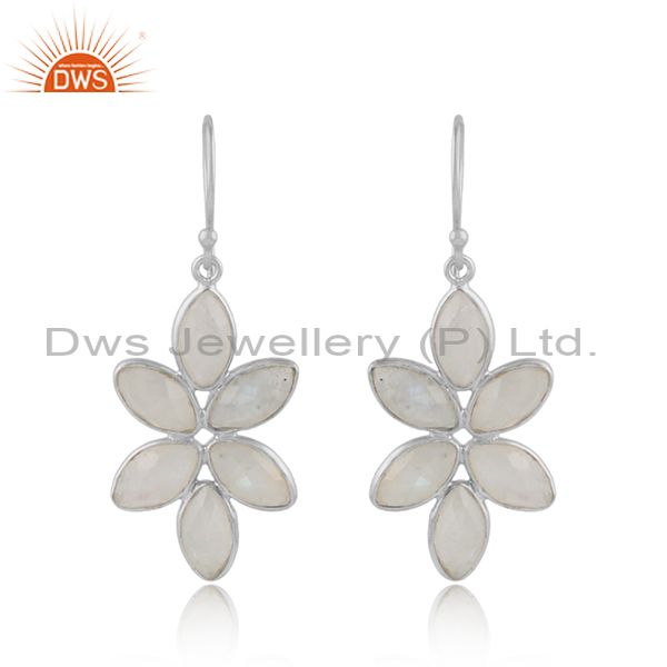 Rainbow moonstone gemstone floral fine sterling silver earrings