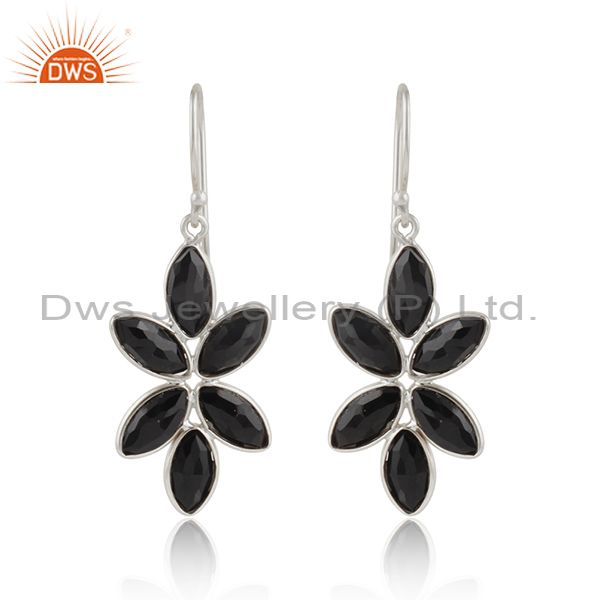 Flower 925 sterling fine silver black onyx gemstone earrings