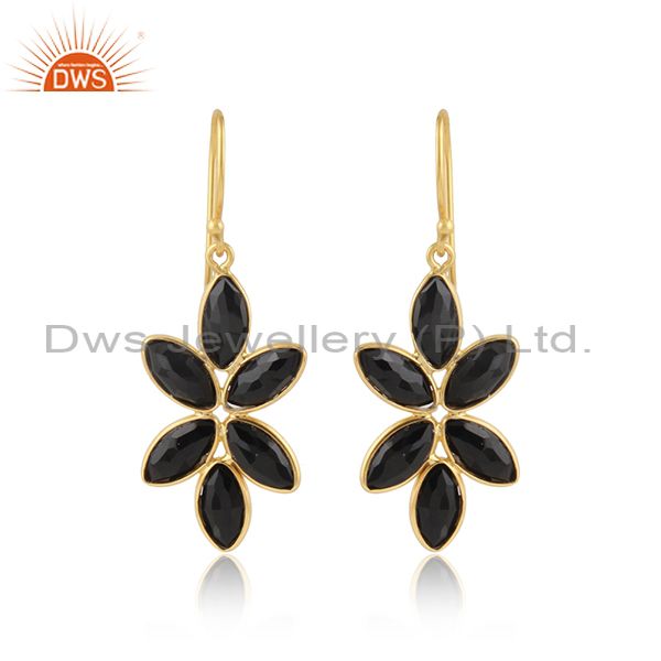 Black onyx gemstone floral gold plated designer silver earrings
