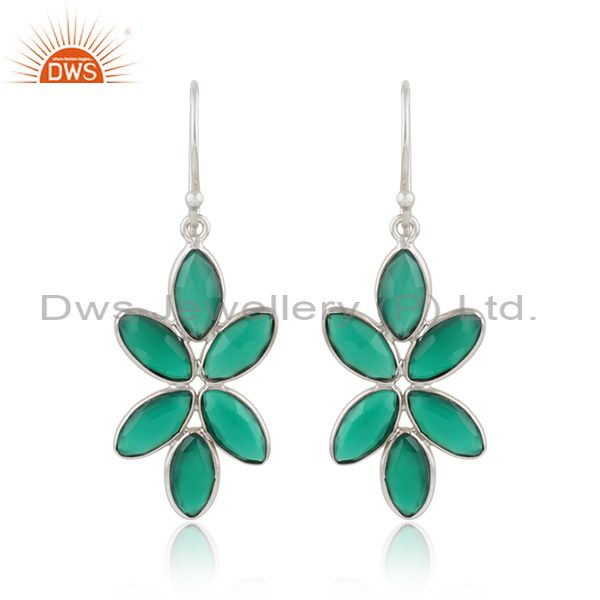 Green onyx gemstone floral designer sterling fine silver earrings