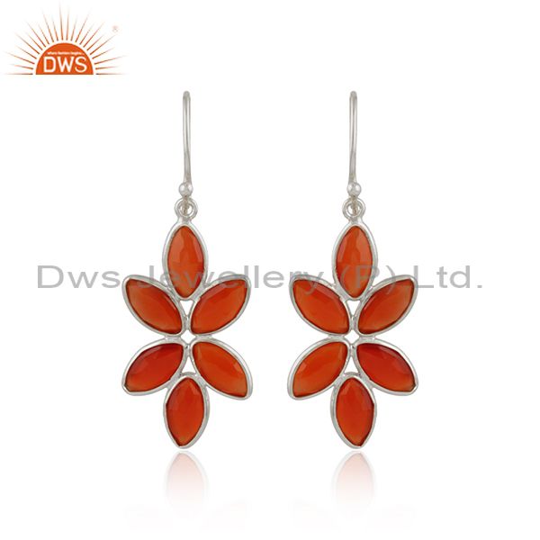 Red onyx gemstone designer floral sterling fine silver earrings