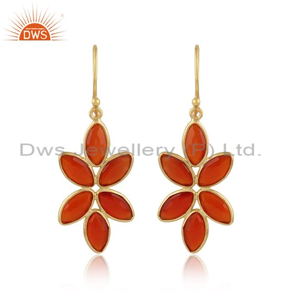Red onyx gemstone floral design 18k gold plated silver earrings