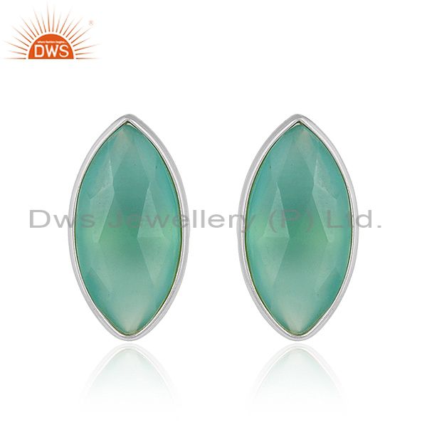 925 Sterling Fine Silver Aqua Chalcedony Gemstone Stud Earring Jewelry