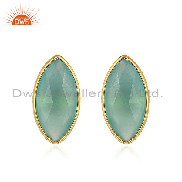 Aqua Chalcedony Gemstone Womens Gold Plated Silver Stud Earrings