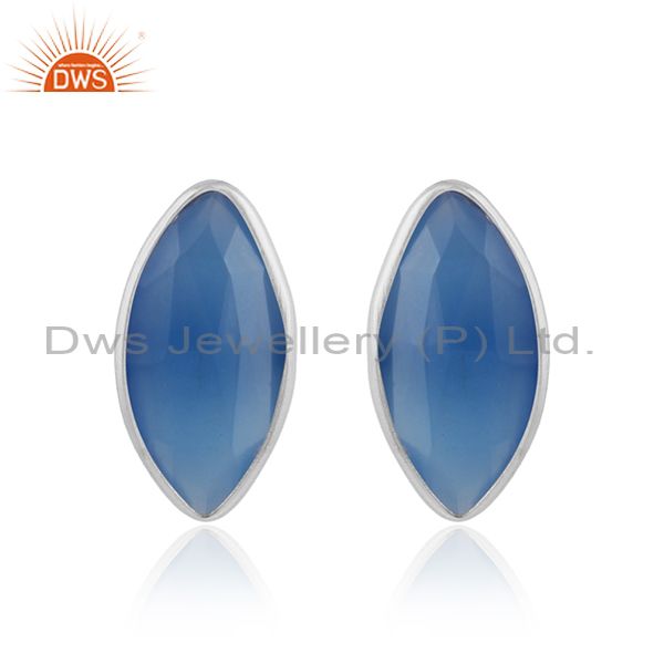 Blue chalcedony gemstone 925 fine silver designer stud earrings