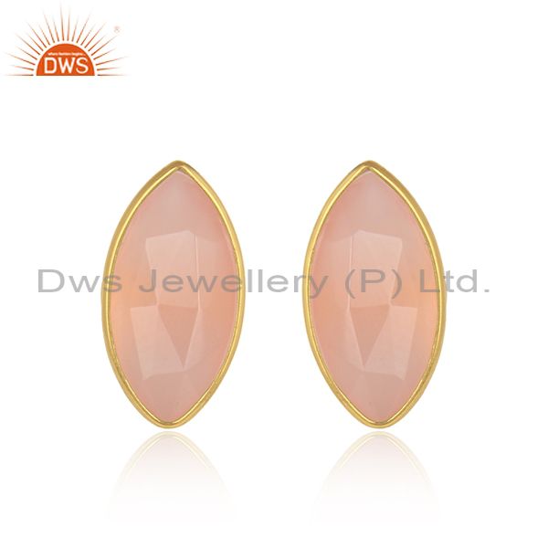 Rose chalcedony gemstone 18k gold plated silver stud earrings