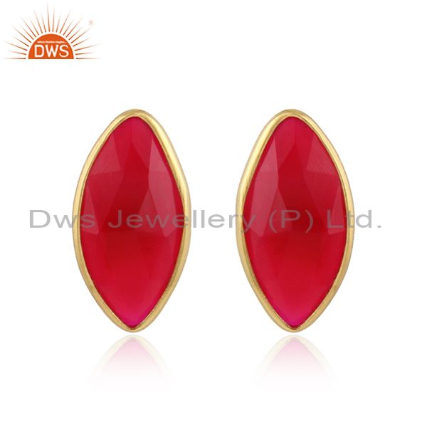 Pink chalcedony gemstone designer gold over silver stud earrings