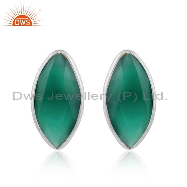 Green onyx gemstone designer sterling fine silver stud earrings