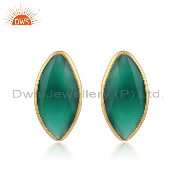 Green onyx gemstone designer 925 silver gold plated stud earrings