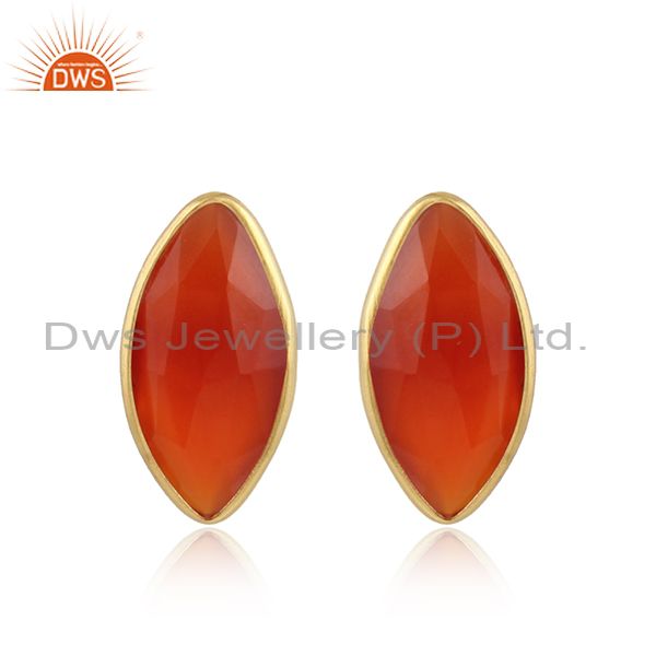 Red onyx gemstone designer gold over silver womens stud earrings