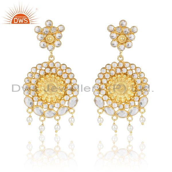 Designer floral large earring in yellow gold on silver and pearl