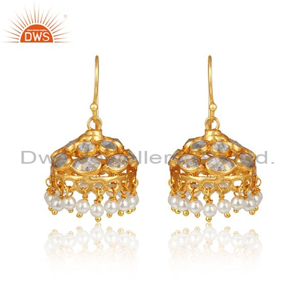 Traditional style yellow gold on silver 925 jhumka with pearl beads