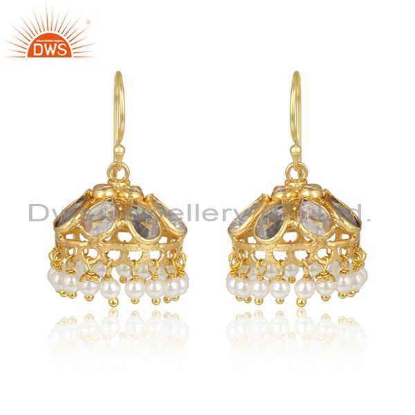 Traditional design yellow gold on silver jhumka with pearl beads