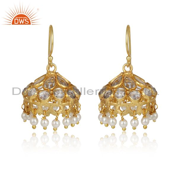 Handcrafted traditional design gold on silver jhumka with pearls