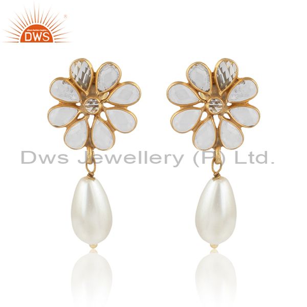 Pearl Drops Set 18K Gold On Sterling Silver Floral Earrings