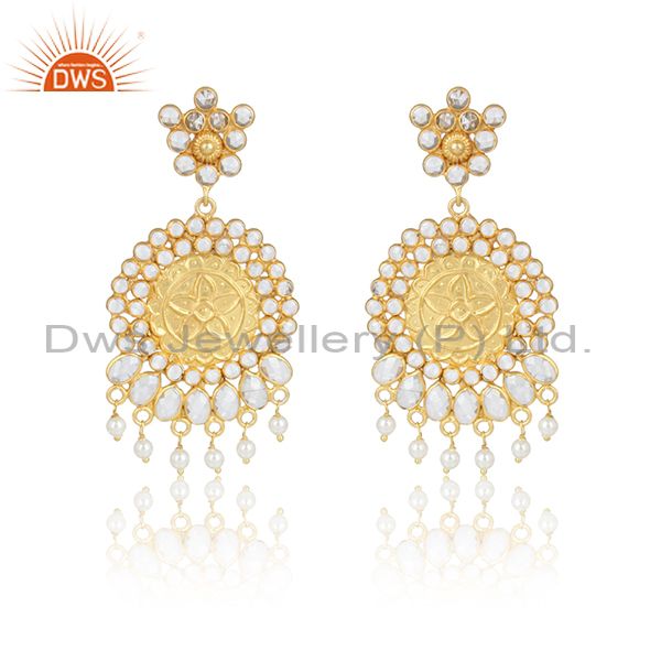 Artisan traditional pearl bead cz earring in yellow gold on silver