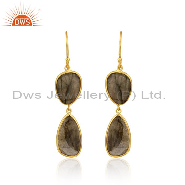 Labradorite double drop dangle earring in yellow gold on silver