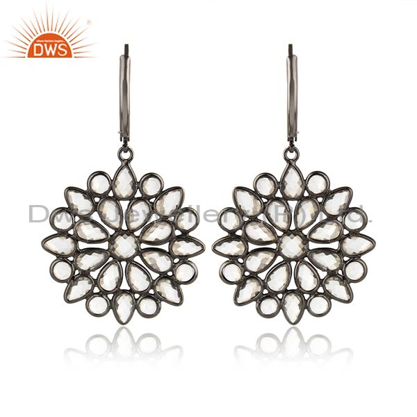 Cz cluster earring in black rhodium on silver lever back closure